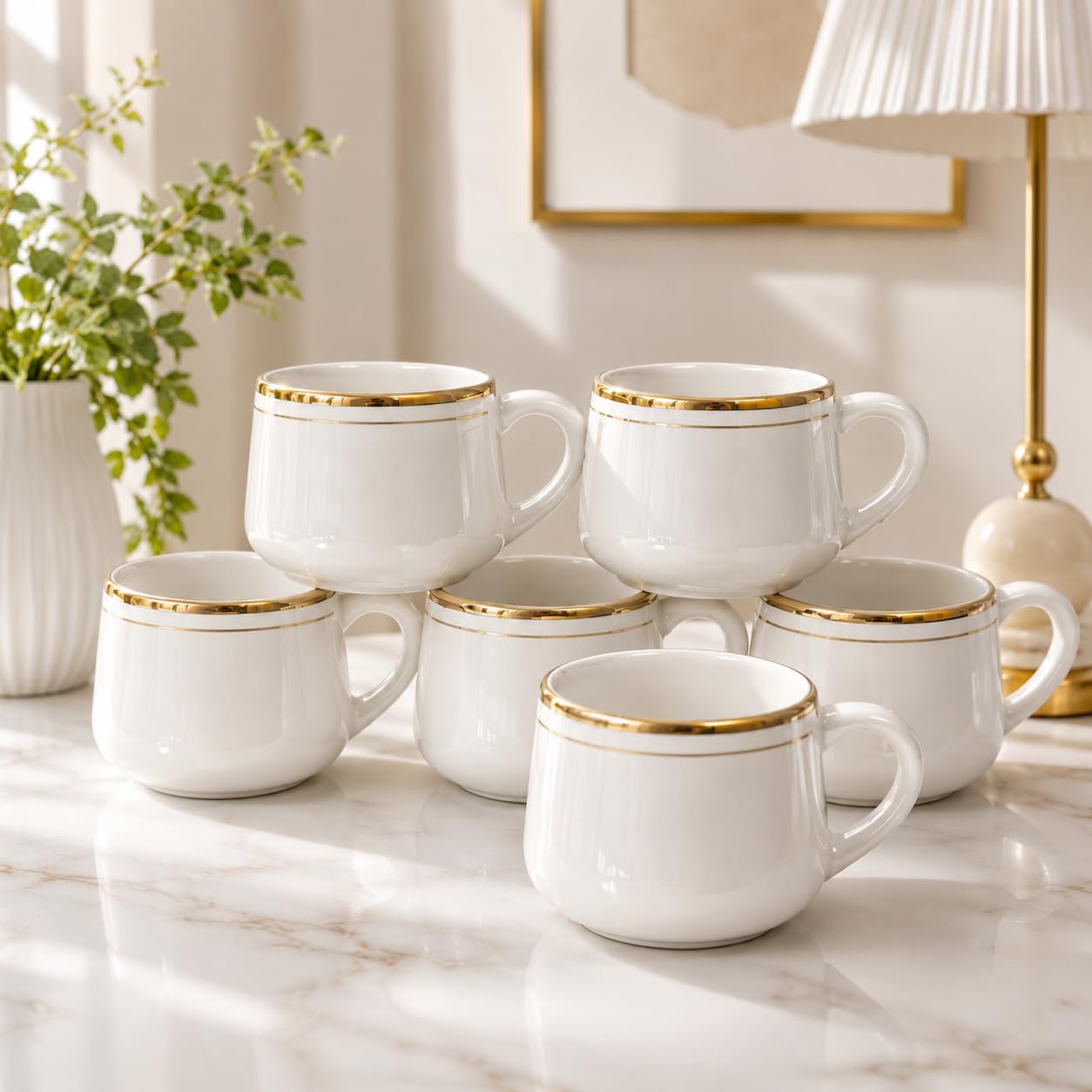 White Ceramic Tea & Coffee Mug Set of 6 with Gold Rim | Double Gold Stripes, Rounded Body Design, For Tea & Coffee, Porcelain Build, Dining Table Decor-image-43
