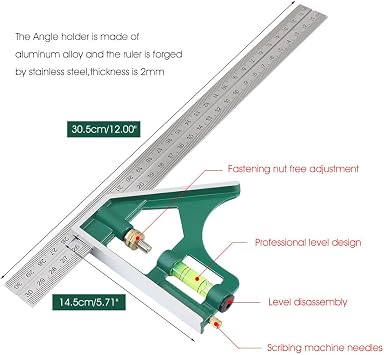 Walfront 12 inç kare kombinasyon, evrensel, ayarlanabilir paslanmaz çelik, çok fonksiyonlu, dik açılı cetvel, ölçüm aletleri