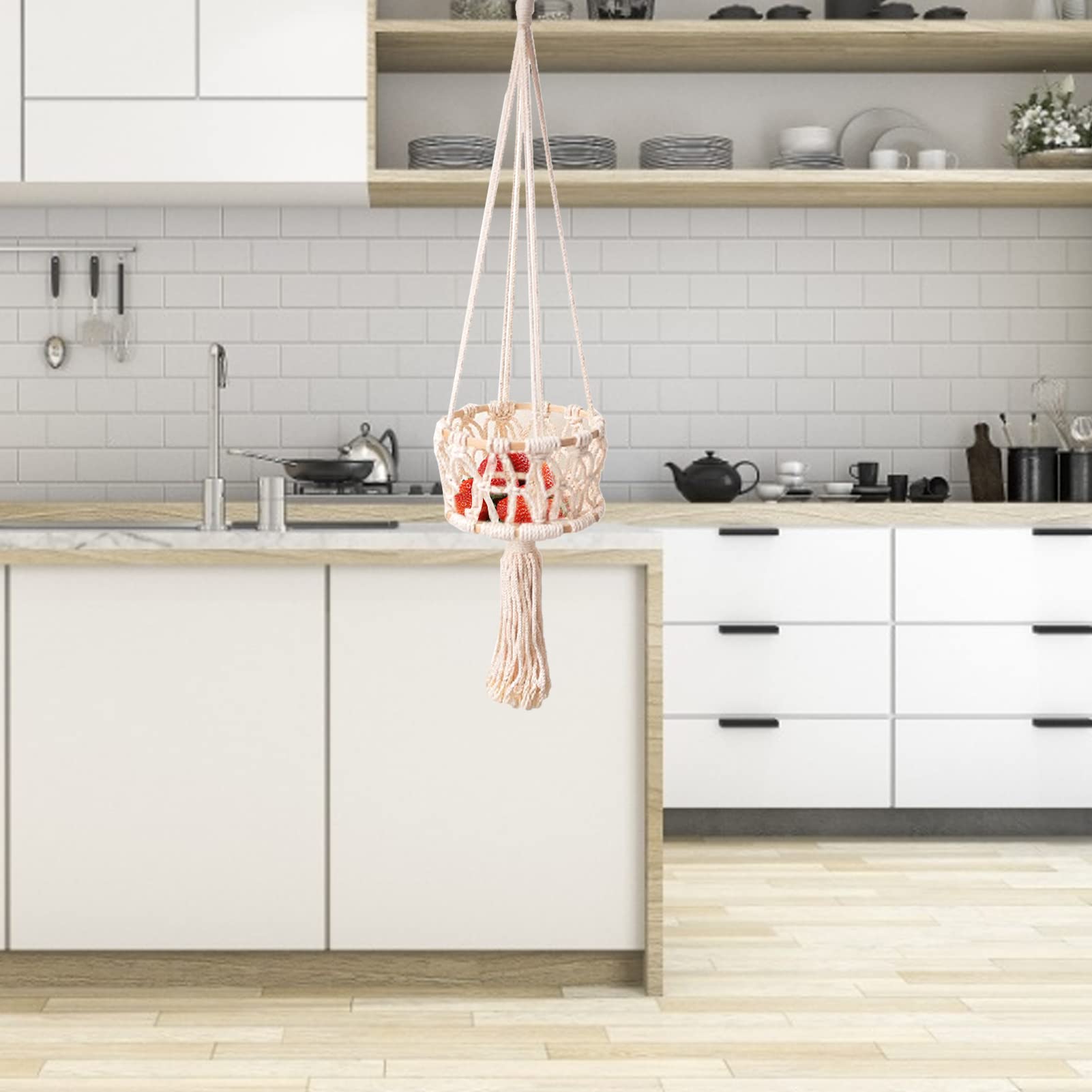 Cesto per frutta da appendere a 1 ripiano, con gancio, corda di cotone intrecciata a mano, in rattan intrecciato, per frutta e verdura, decorazione per cucina