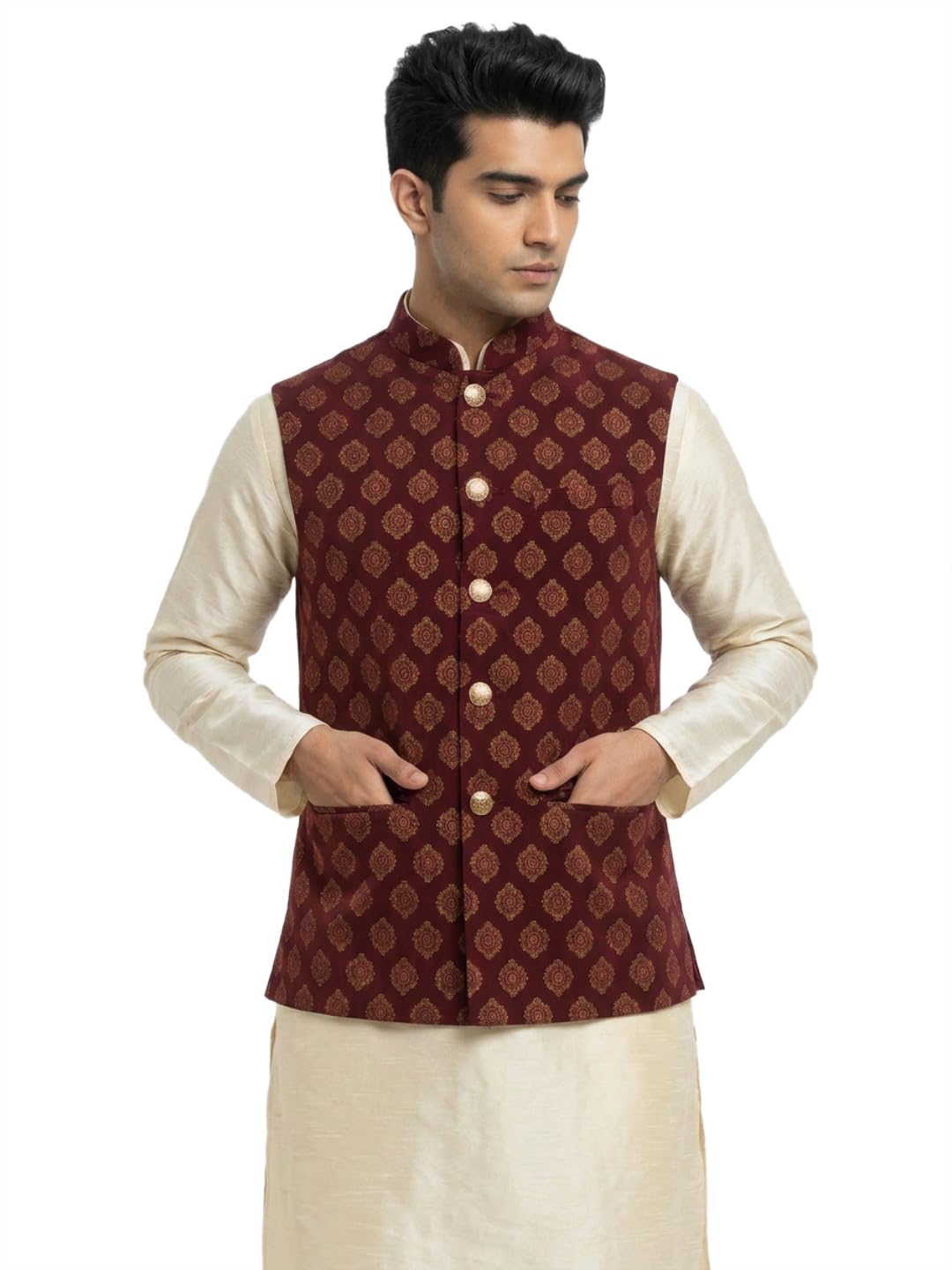 sanman ethnix by raymond Men Regular Fit Print Pattern Pure Polyester Mandarin Collar Sleeveless Festive Bundi-picture-12