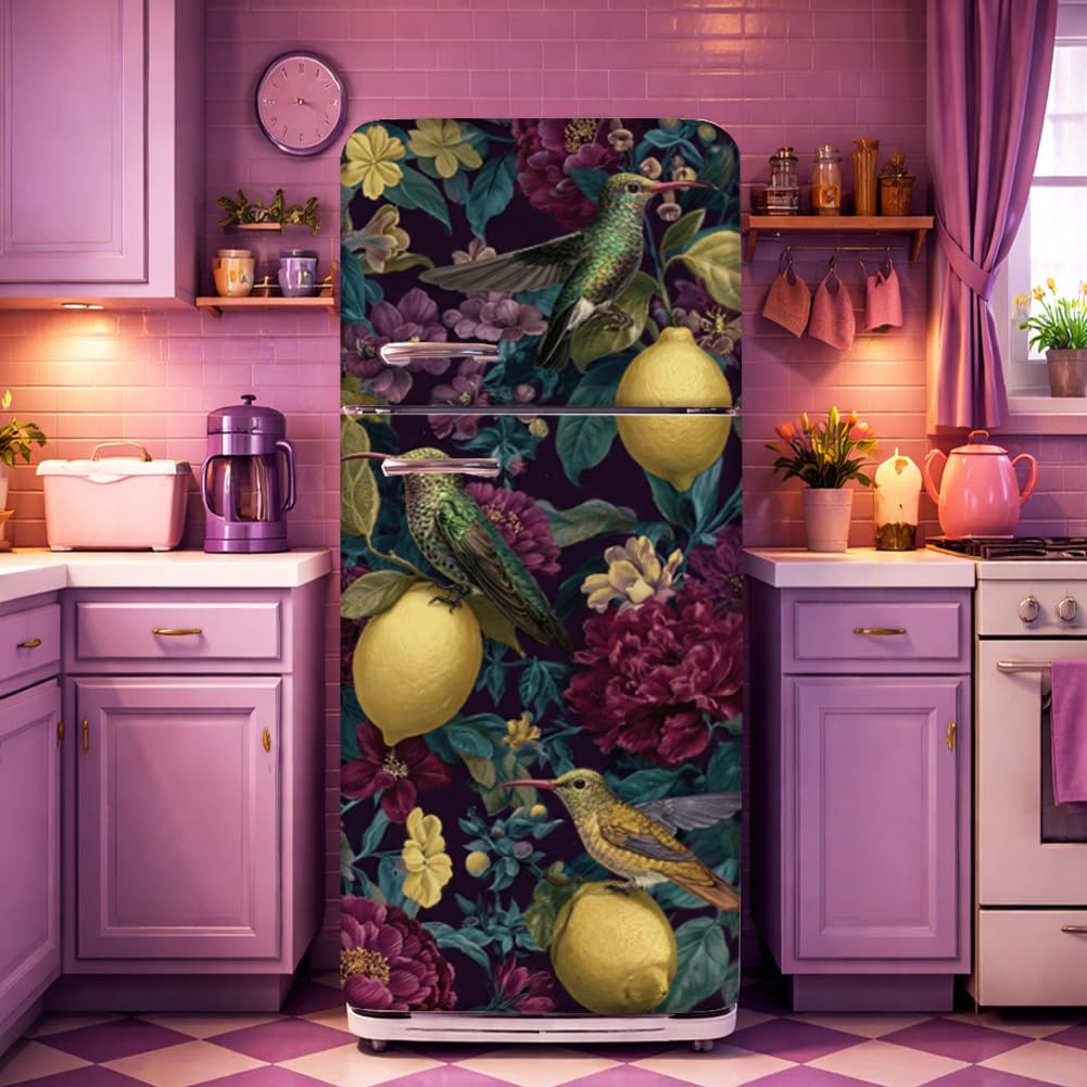 GOMAKERER 2 Pcs Hummingbird Lemon Removable Refrigerator Wraps, Purple Peony Floral Self-Adhesive Fridge Door Mural Vinyl Freezers Panel Cover Sticker for Kitchen Bar Decor, 41.5x200cm