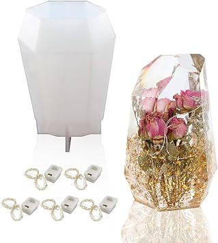 Large Gem Stone Resin Mold, Epoxy Resin Casting Craft Mold for Flower Preservation Bookends with 5 Fairy Light Without Battery