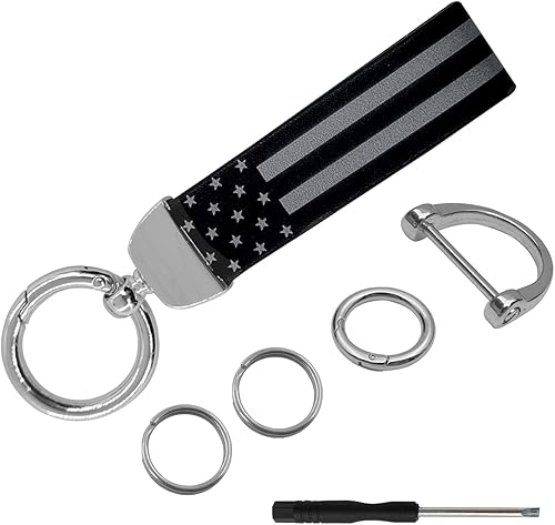 Llavero de automóvil con bandera estadounidense con traje de aleación de zinc, llavero universal de cuero para hombres y mujeres (plateado)