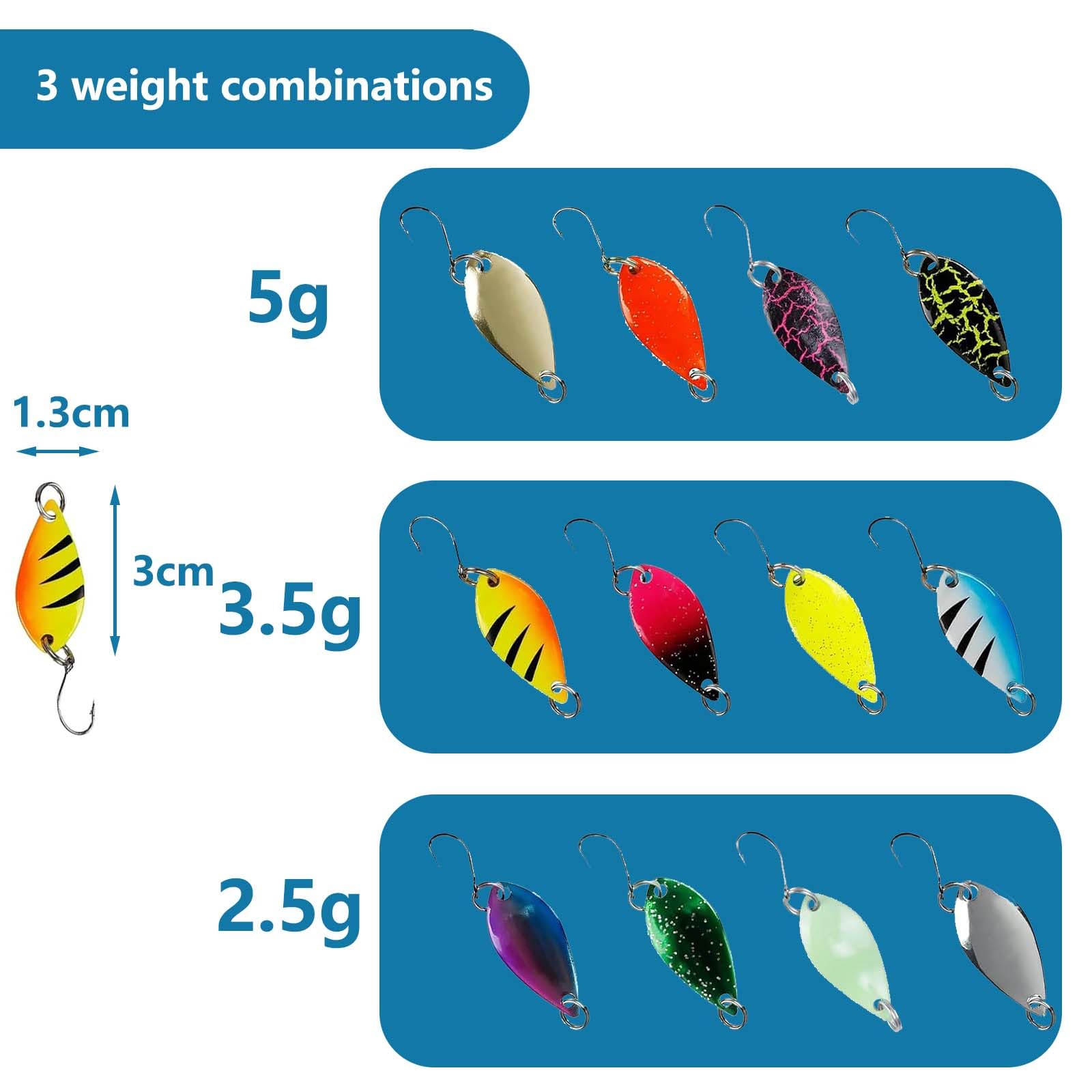 Kit 12 Pezzi Spoon Trout Area, Esche Artificiali 2.5g 3.5g 5g, Accessori per Pesca Alla Trota, Set di Esche in Metallo Cucchiaini per Lago