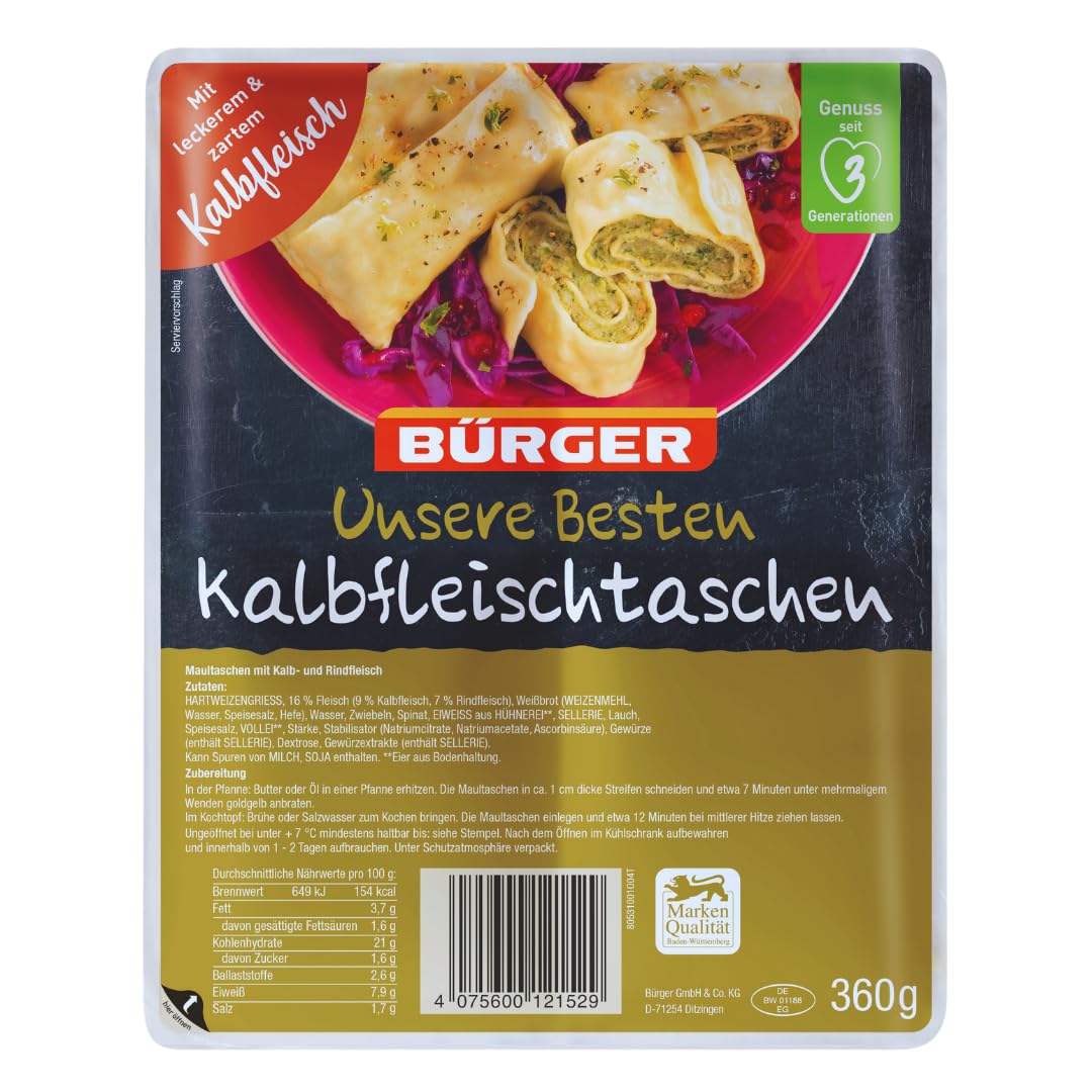 BÜRGER - „Unsere Besten Kalbfleischtaschen “ vorgegart, kochfest, mit zartem Kalbfleisch 6 x 360 g - vorgegart, gekühlt, ideal zum Kochen, Braten & Überbacken