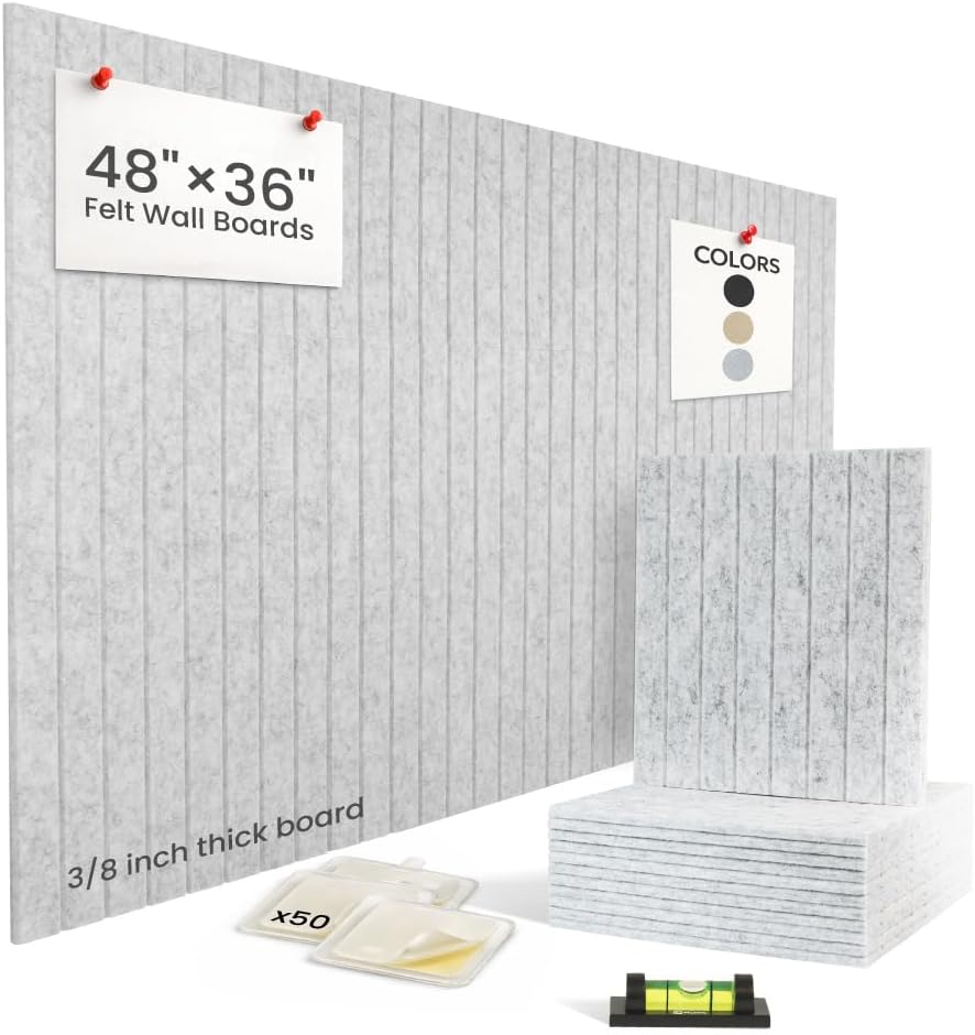 Felt Bulletin Board Tiles – 12x12 Inch Cork Wall Panels, Pack of 12, Covers 36x48 Inches, 50 Adhesive Tabs and Bubble Level, Polyester Material – Silver Gray