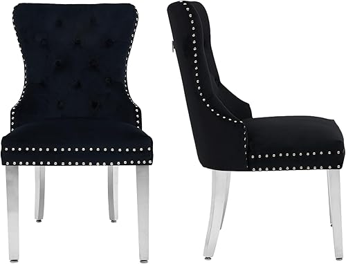 Miniatura 15 de Juego de 2 sillas de comedor de cuero PU, sillas de comedor tapizadas acolchadas con anillo de tracción y patas de madera maciza, negro