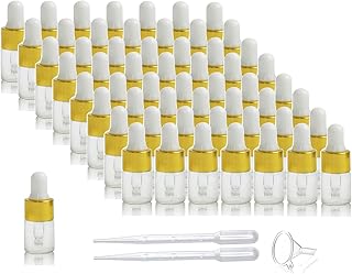 50 Pack,2ml Clear Glass Dropper Vial for Essential Oils,Empty Glass Eye Dropper Bottle With Golden Aluminum Lid,Pure Glass Pipette Travel Sample Test Perfume Liquid Container-Pipette&Funnel Included