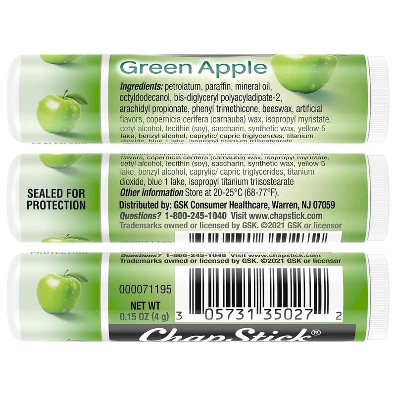 ChapStick Lip Moisturizer, Green Apple, 12-Pack Limited Edition Bulk Lip Balm, Sweet & Aromatic, 0.15 Oz Ea