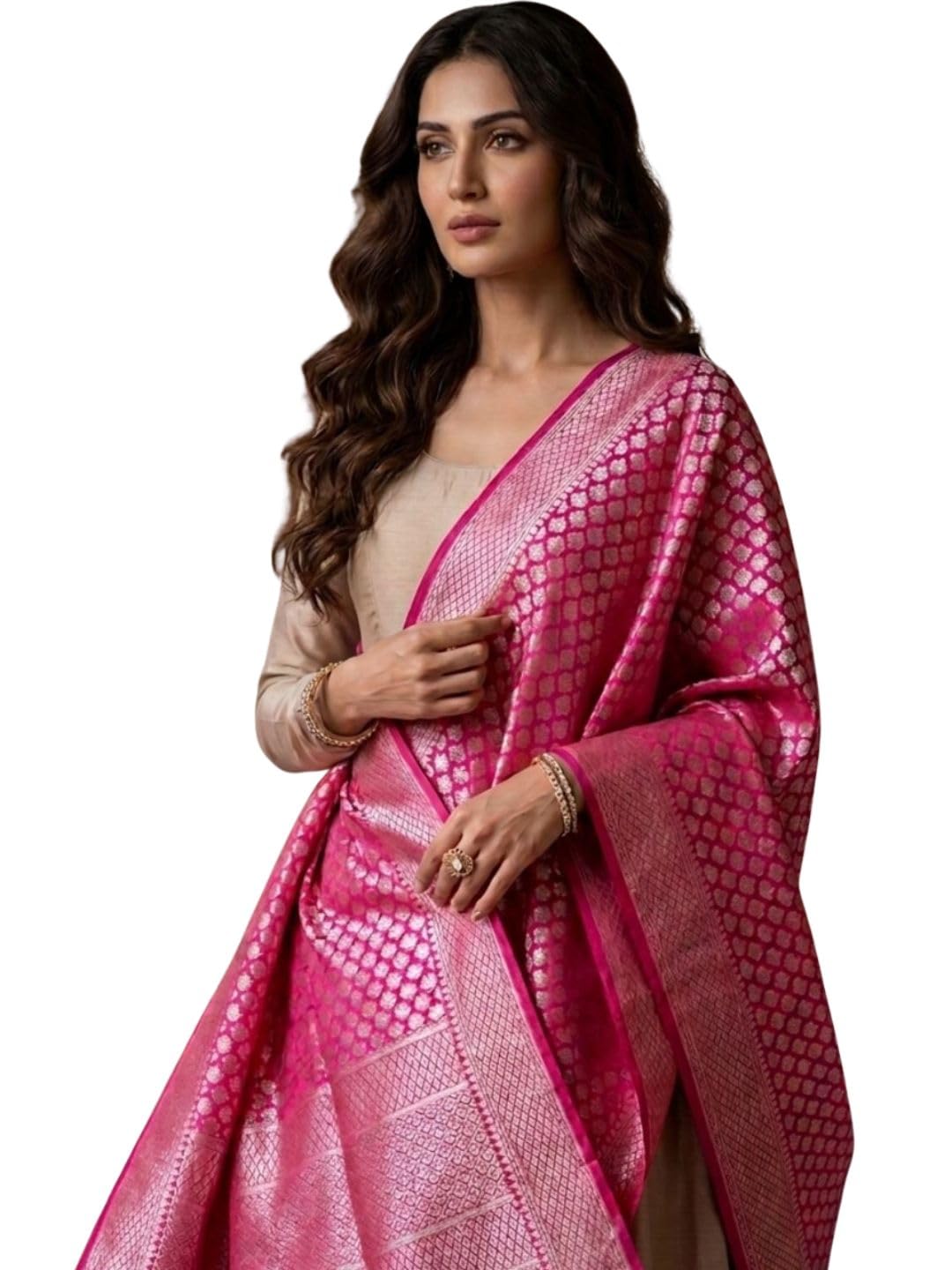 dupatta bazaar Women's Banarasi Silk Blend Dupatta | Floral Jaal Woven Design Rich Zari Tasselled Border | Traditional Dupatta for Party Festive Wedding (2.4 Meter, Rani Pink)-picture-34