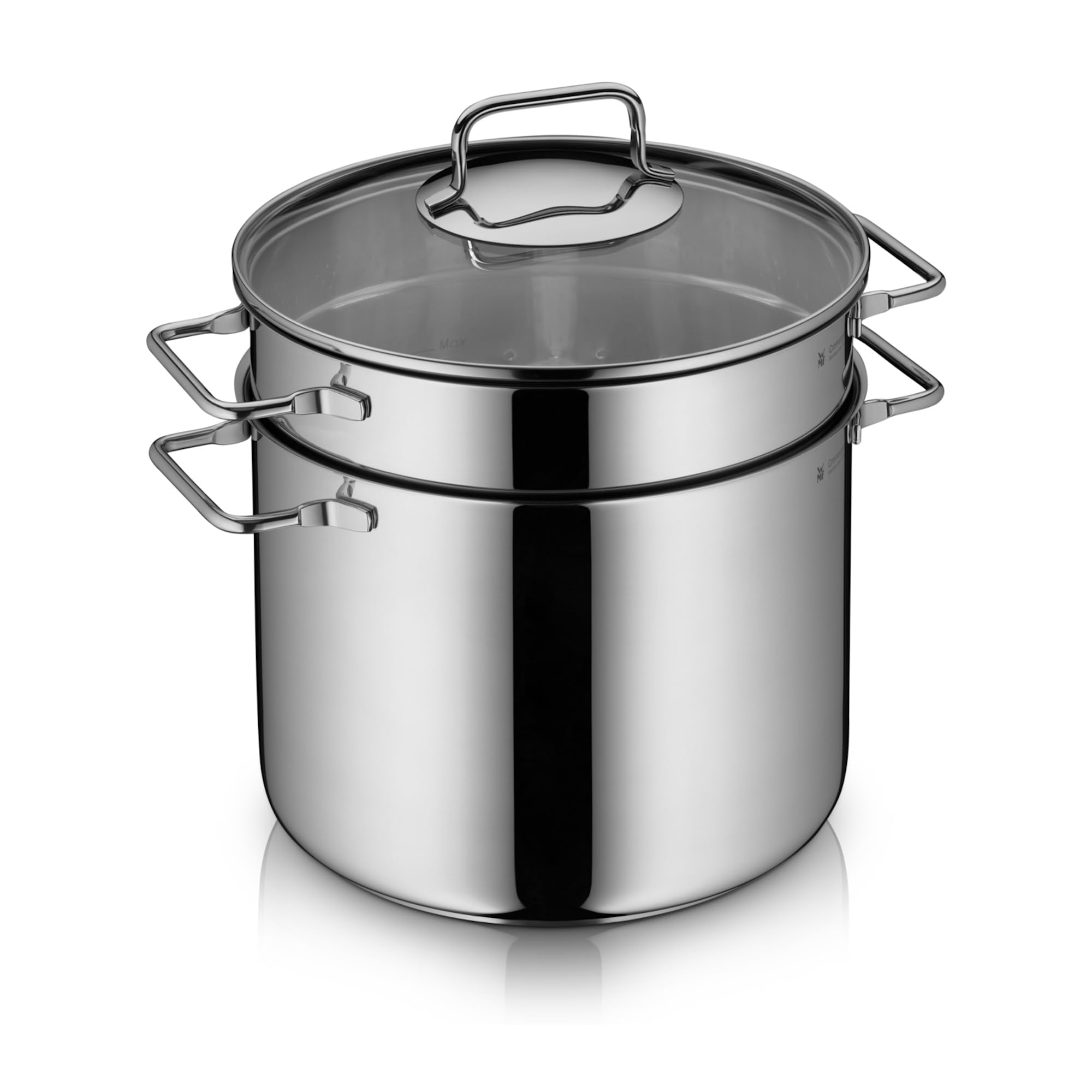 WMF Nudeltopf mit Sieb 24 cm Induktion, Kochtopf groß 7l, Spaghettitopf mit Glasdeckel, Cromargan Edelstahl poliert, Pastatopf