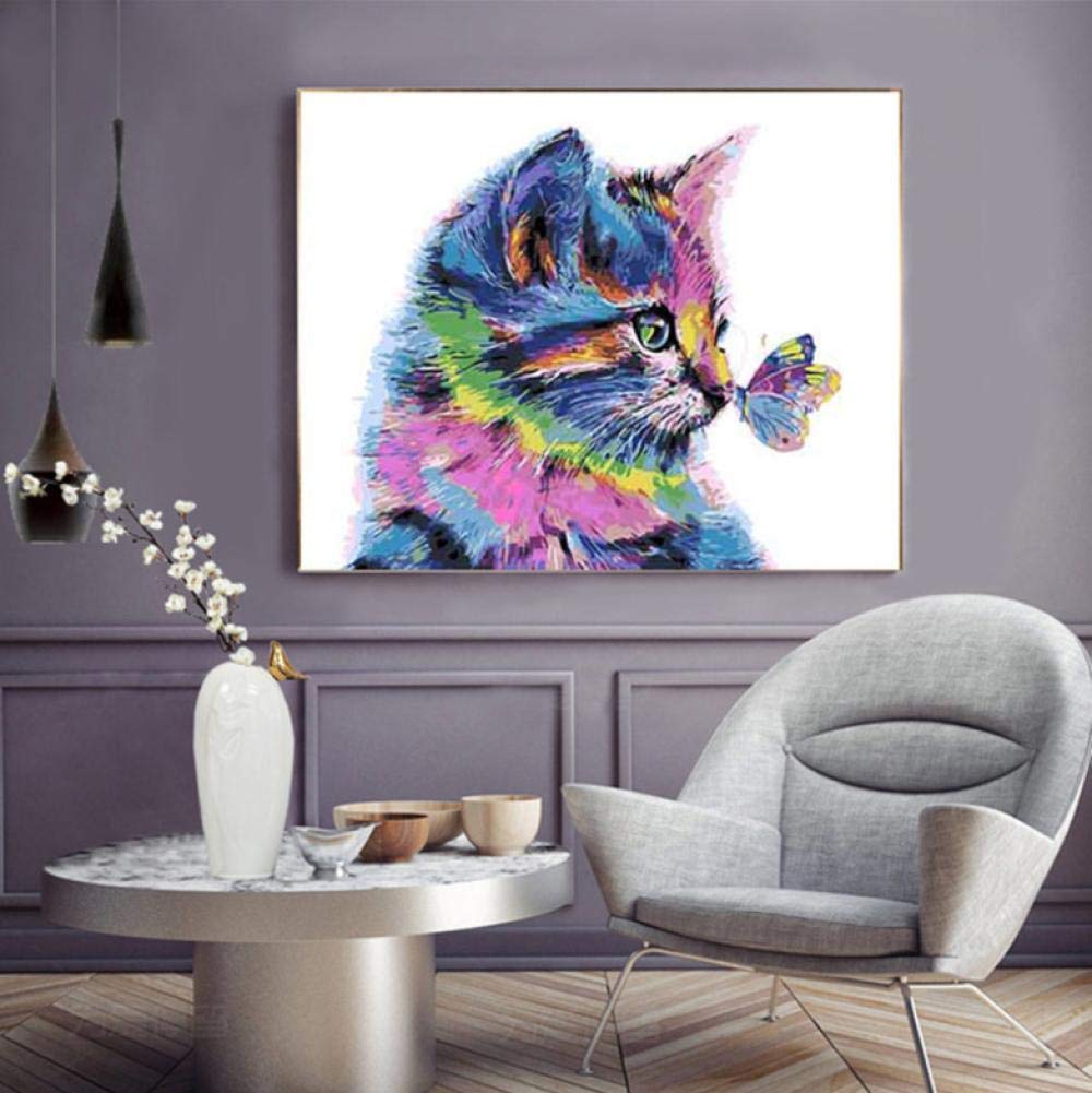Peinture par numéros chat papillon bricolage kit coloration lin 40x50
