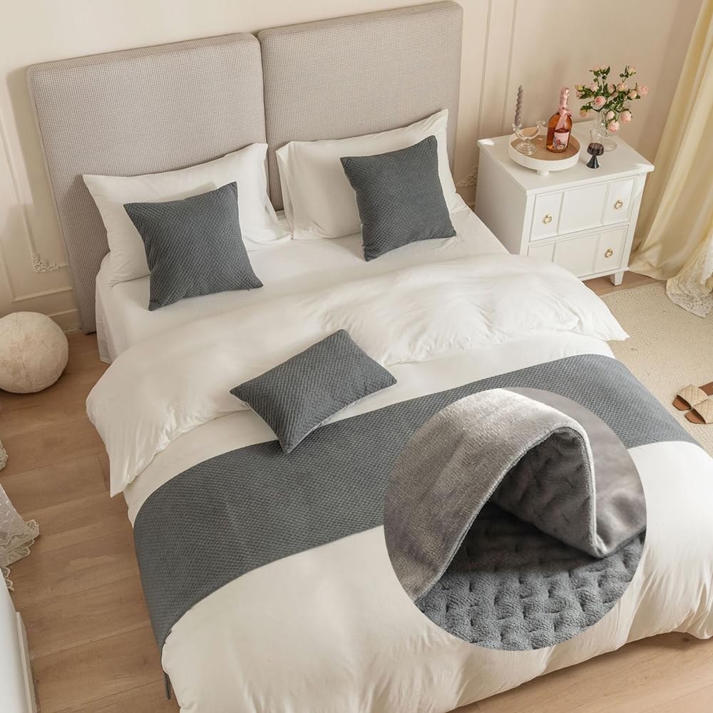 GOFOHIMI Jacquard Bed Runners and Matching Cushion Cover, Reversible Bed Runners Scarves Home Decoration Hotel Bedding Bed Towel Bedroom Bedspread Protection (45x210cm(Bed Runners),grey)
