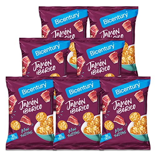 Bicentury – Mini Tortitas de Maíz sabor Jamón Ibérico, Ideales para Satisfacer Antojos, 1 Ración de 25 g Equivale a 111 Kcal – 7 x 25 g