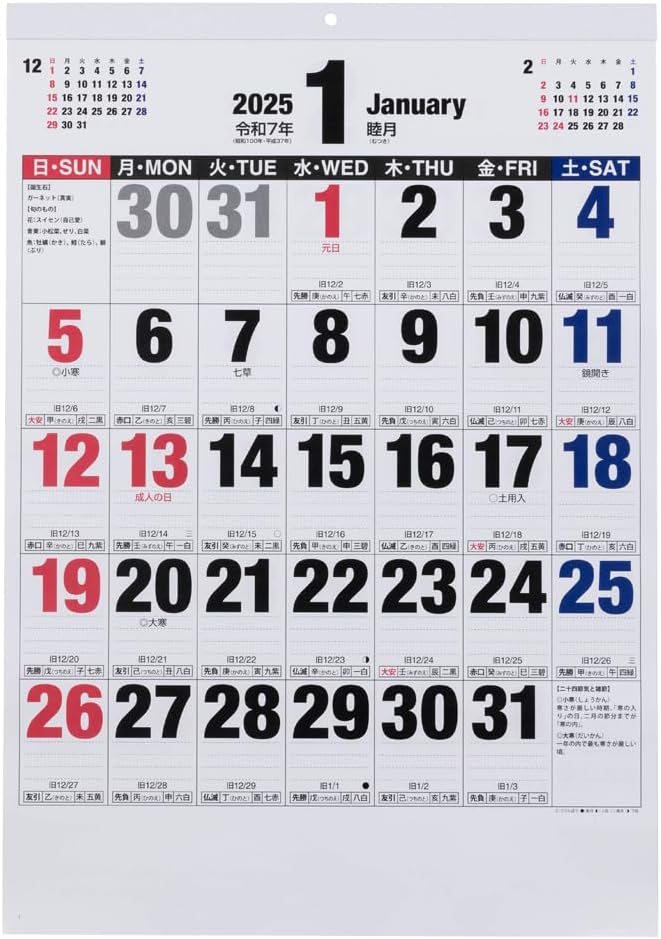 Amazon.co.jp: ナカバヤシ 壁掛けカレンダー 2025 文字月表B(ボールド)タイプ A2切 COC-CLH-A2B-25 ...