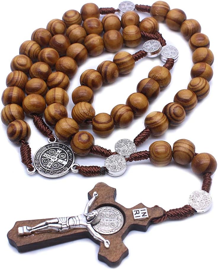 TShopm Wood Rosary Necklace Wooden Smooth Beads Catholic Cross Necklace Religious Jewelry Catholic Jesus Cross Pendant Necklace for Men Women