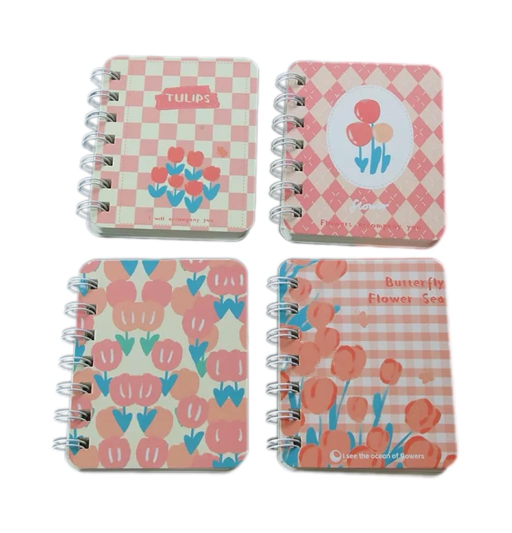 GS Forever 4PCS cute unicorn Capybara Notebook Wirebound Small Mini Pocket Journal Diary for Girls Boys Kids Gift Spiral bound A7 Lined Notebook Writing Drawing Notepad (Tulips)