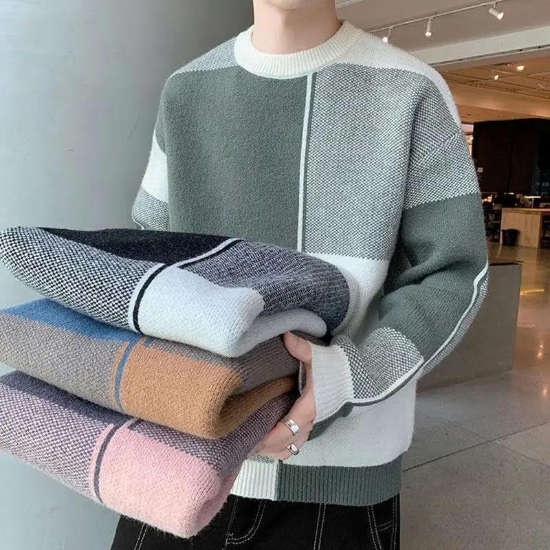 Pull Coréen Homme Tricot Patchwork Original Unique Confort Automne Hiver
