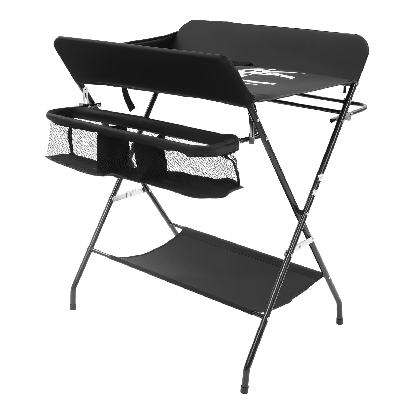 Cambiador de bebé plegable – Cambiador portátil con cinturón de seguridad, mesa cambiadora para ahorrar espacio (80 x 63 cm), altura regulable, carga de 15 kg, incluye cesta (negro)