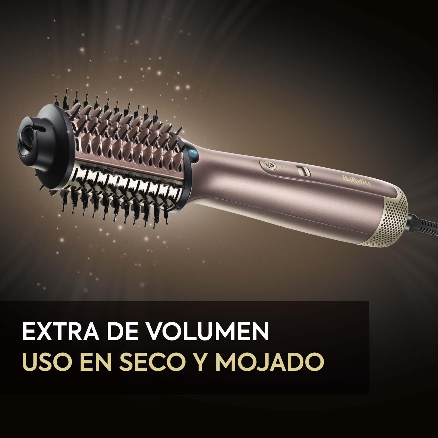 BaByliss Cepillo de Aire Air Power Volume 2 en 1 Secador de Pelo y Styler – Modo Húmedo y Seco, Cepillo Secador Moldeador, 3 ajustes de temperatura, Iónico, Cerámico, Dorado, AS95E