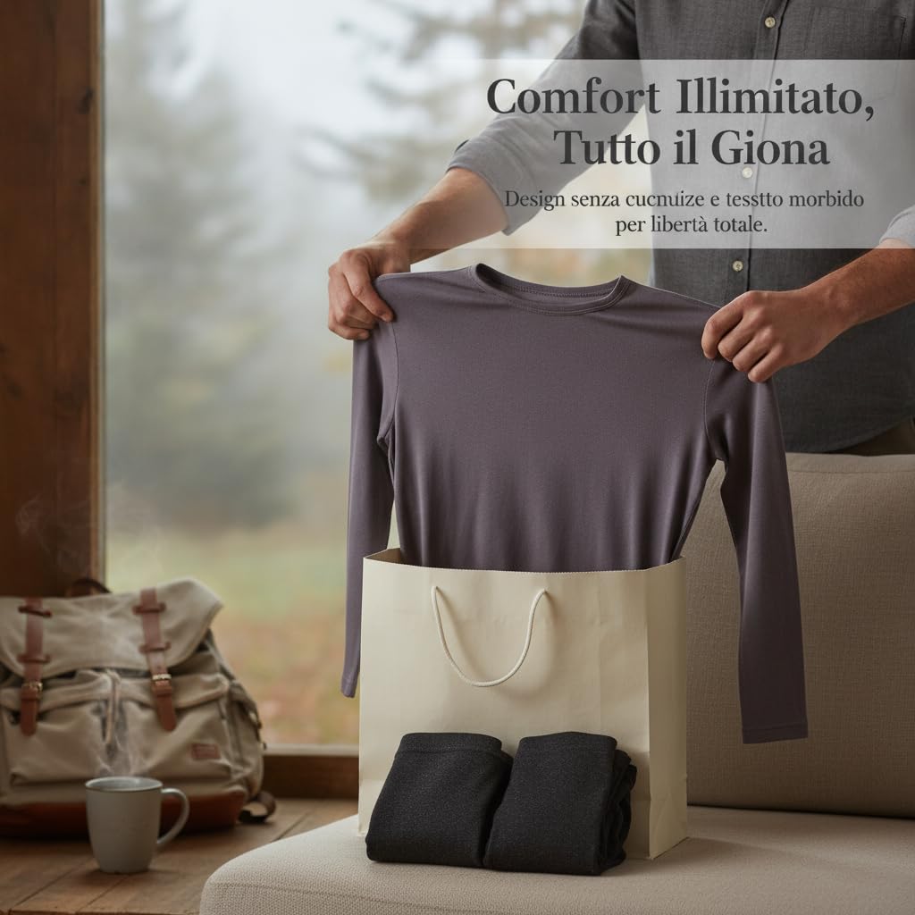 Set Termico Uomo Base Layer Seamless, modal, antibatterico 10A, antistatico, riscaldante, anti-pilling, seta, cotone, per Campeggio