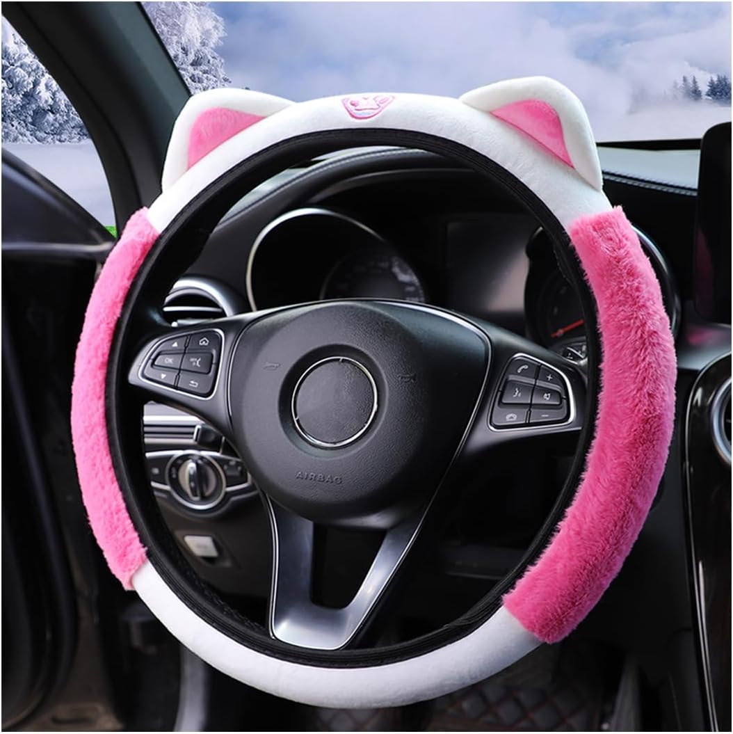 Bittwee Car Steering Wheel Cover, Fluffy Soft Plush for Winter Warm, Cute Steering Wheel Protector with Kitty Cat Ears, Universal 15 Inch, Elastic & Anti-Slip, Lovely Decor Car Accessories (Pink)