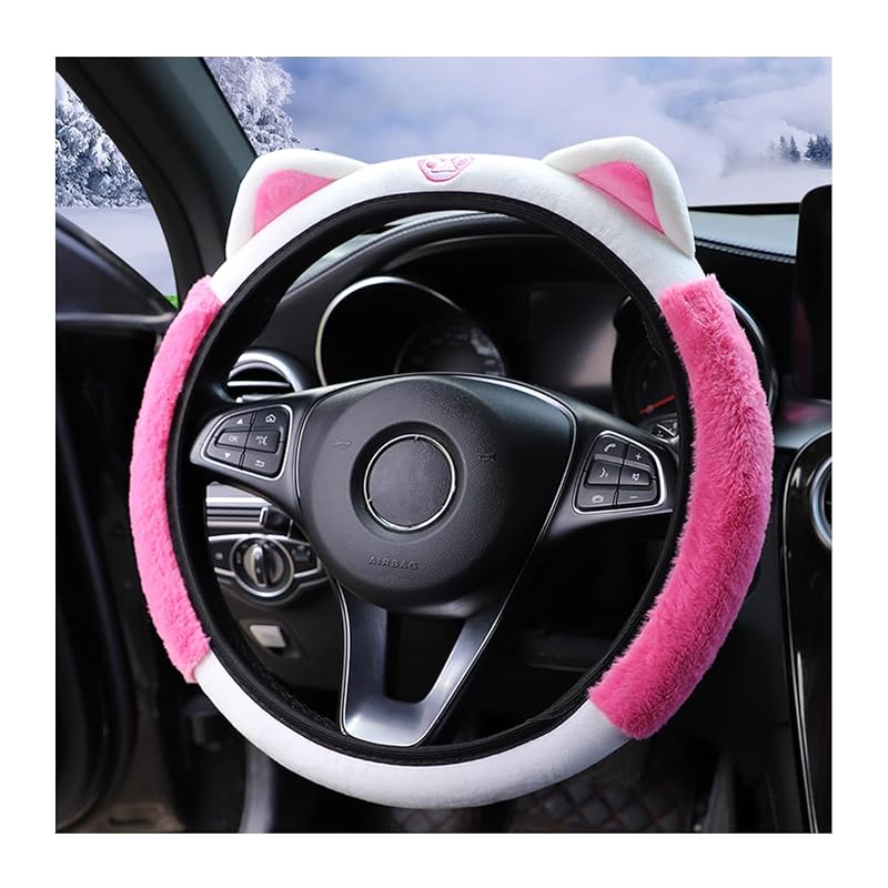 Bittwee Capa para Volante de Carro em Pelúcia com Orelhas de Gato Vermelho-Rosa, 38 cm