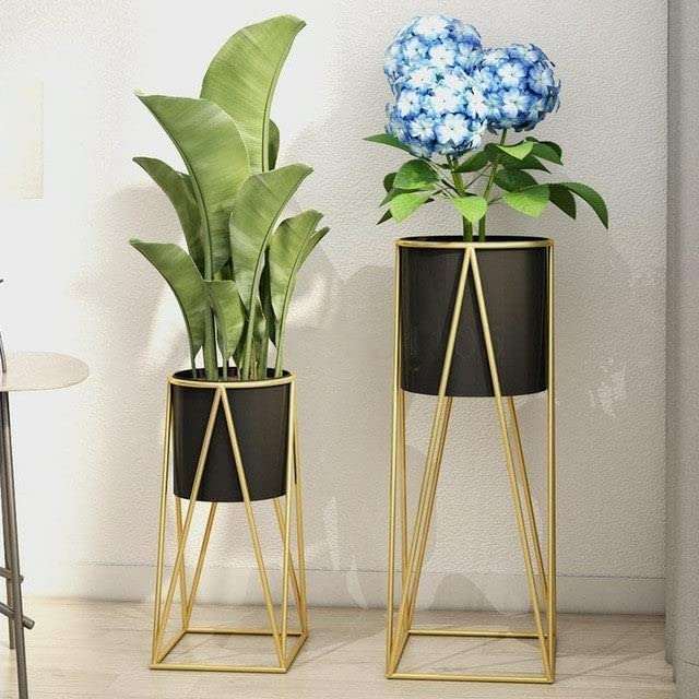 Image of AMASS HANDICRAFTS Planters for Indoor Plants Metal Planters with Stands & Indoor Plant Pots for Indoor Plants & Mid Century Plant Stands with Pots & Plant Pots Indoor Planter Set of 2 (Black)