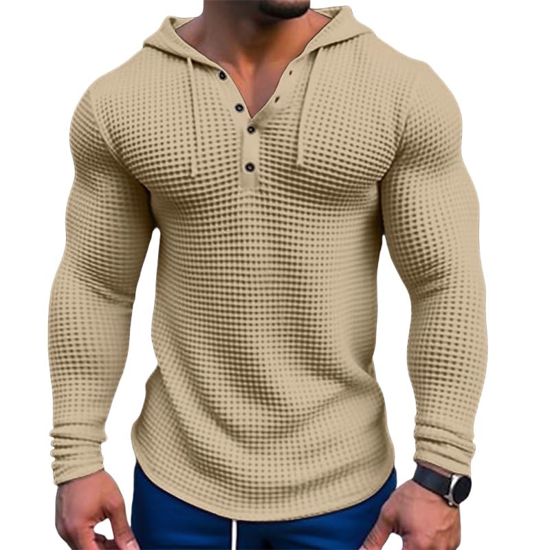 Mens Hooded Sweatshirt Long Sleeve Drawstring Waffle Knit Pullover Fashion Gym Athletic Hoodies Muscle T-Shirt