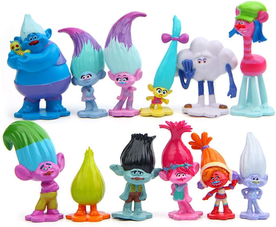 12pcs Troll Dolls Toy Movie Action Figures Collection Playset, Cake Toppers Decoration for Kids Party Favors&Gifts (3-6cm Tall)