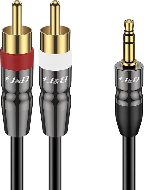 J&D 3.5 mm to Dual RCA Male Stereo Audio Cable, Heavy Duty RCA Cable Gold Plated Copper Shell 3.5mm Male to 2 RCA Male Cable for Smartphone/MP3 player/Tablet, 1.8 Meter