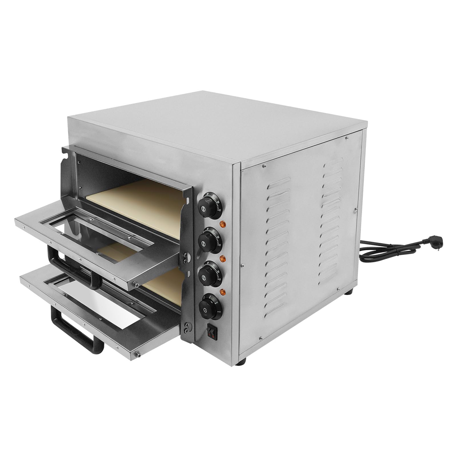 Forno per pizza a 2 piani, 3000 W, forno elettrico per pizza con 2 piastre in cordierite e un paio di guanti, forno per pizza a doppia camera per cucina, ristorante e pizzeria, 50-350 °C