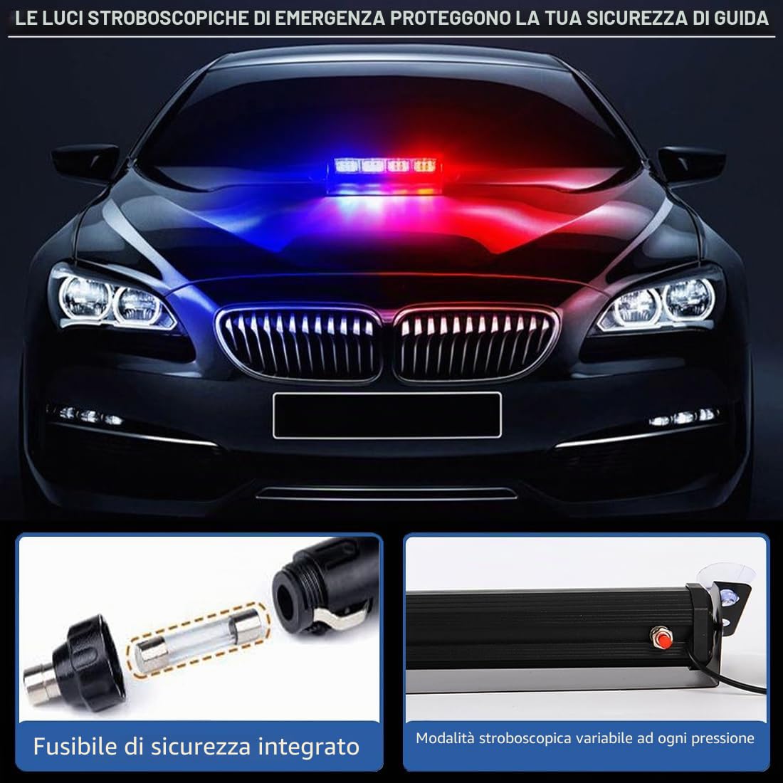 Luce stroboscopica di emergenza a LED rosso blu,Luci di sicurezza interne della polizia sul parabrezza con tazze di aspirazione,Luce lampeggiante di emergenza del cruscotto,per auto,autopompe,polizia
