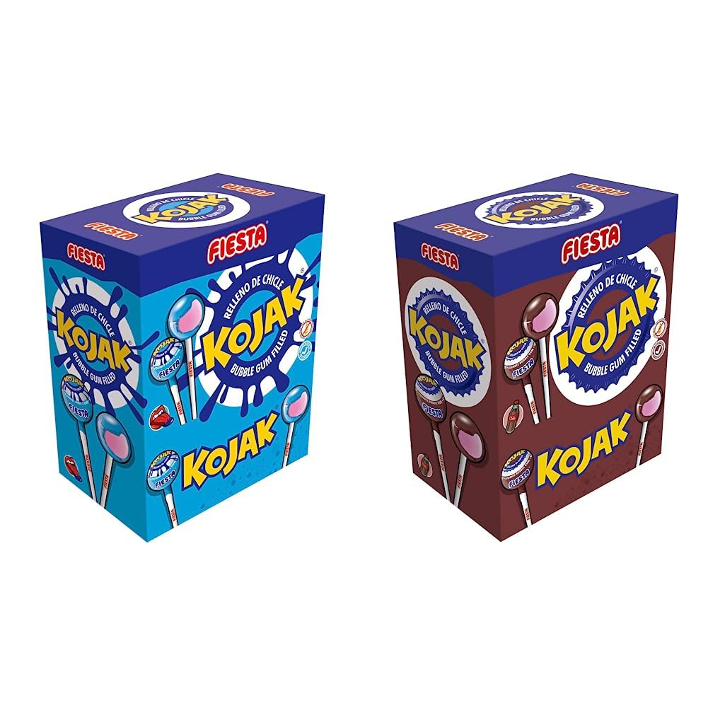 FIESTA Kojak Pintalenguas Caramelo con Palo Sabor Mora Relleno de Chicle - Caja de 100 unidades & Kojak Caramelo con Palo Sabor Cola Relleno de Chicle - Caja de 100 unidades