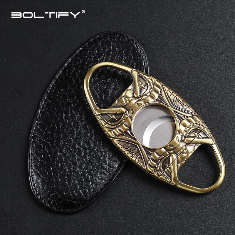 ZUC Cigar Cutter Guillotine, Double Blade Stainless Steel Scissors, Embossed Bronze Oval Pocket Manual Tool