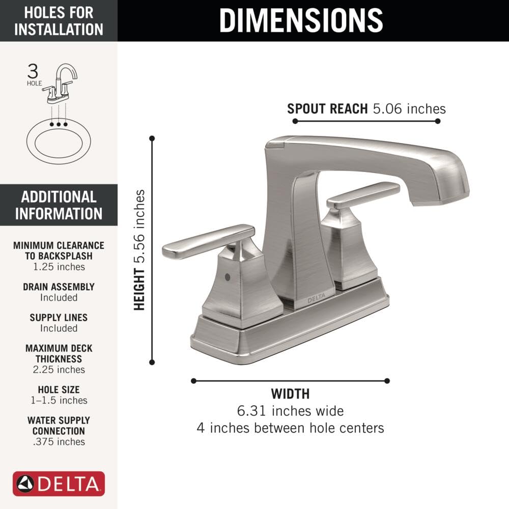 Delta Faucet Ashlyn Centerset Banyo Bataryası Fırçalanmış Nikel, Banyo Lavabo Bataryası, Elmas Sızdırmazlık Teknolojisi, Metal Tahliye Grubu, Paslanmaz 2564-SSMPU-DST