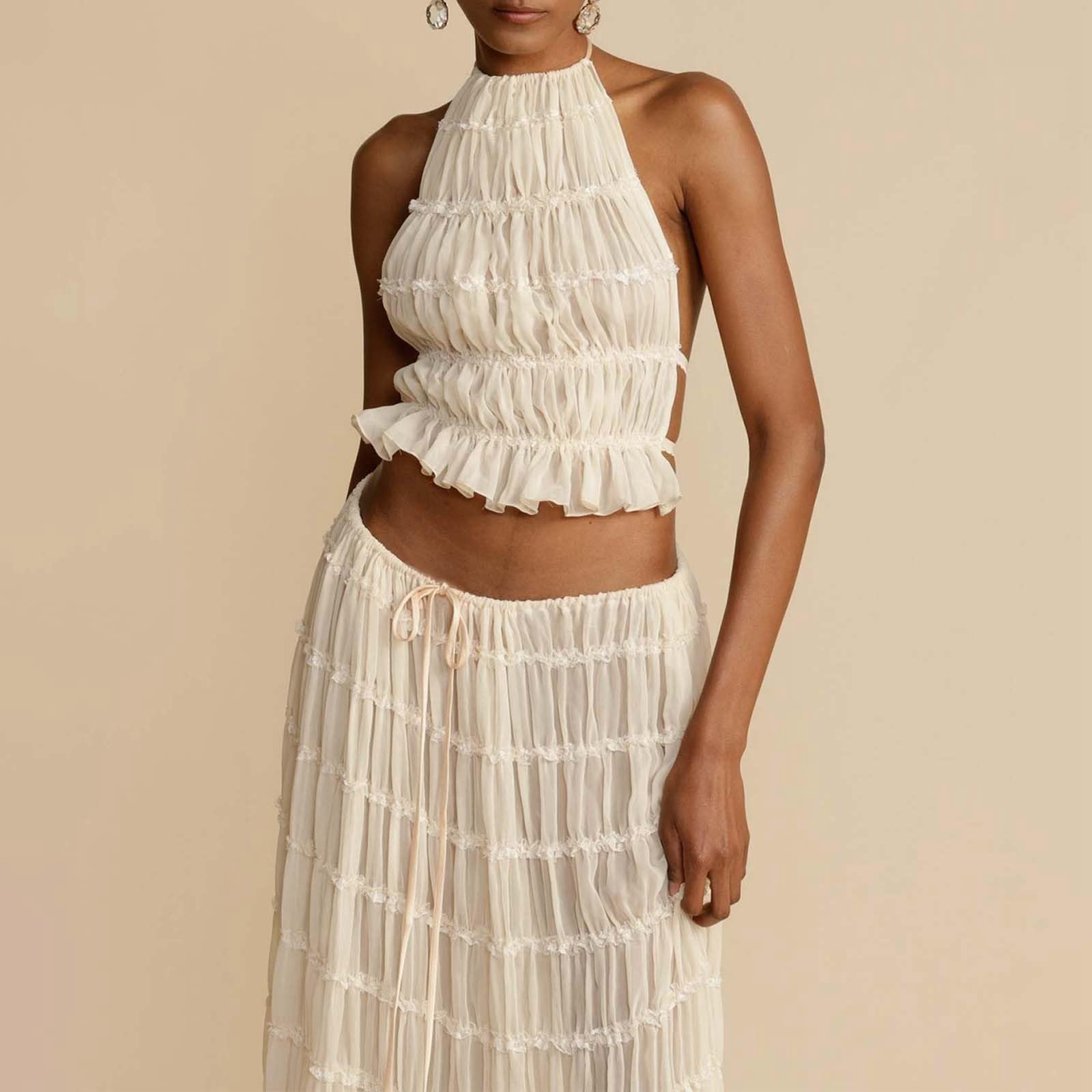 Crop Top avec jupe pour femme - 2 pièces - Jupe longue d'été et sans bretelles - Haut court sexy - Ensemble de clubwear - 2 pièces - Jupe et haut de fête Y2K - Tenue d'été