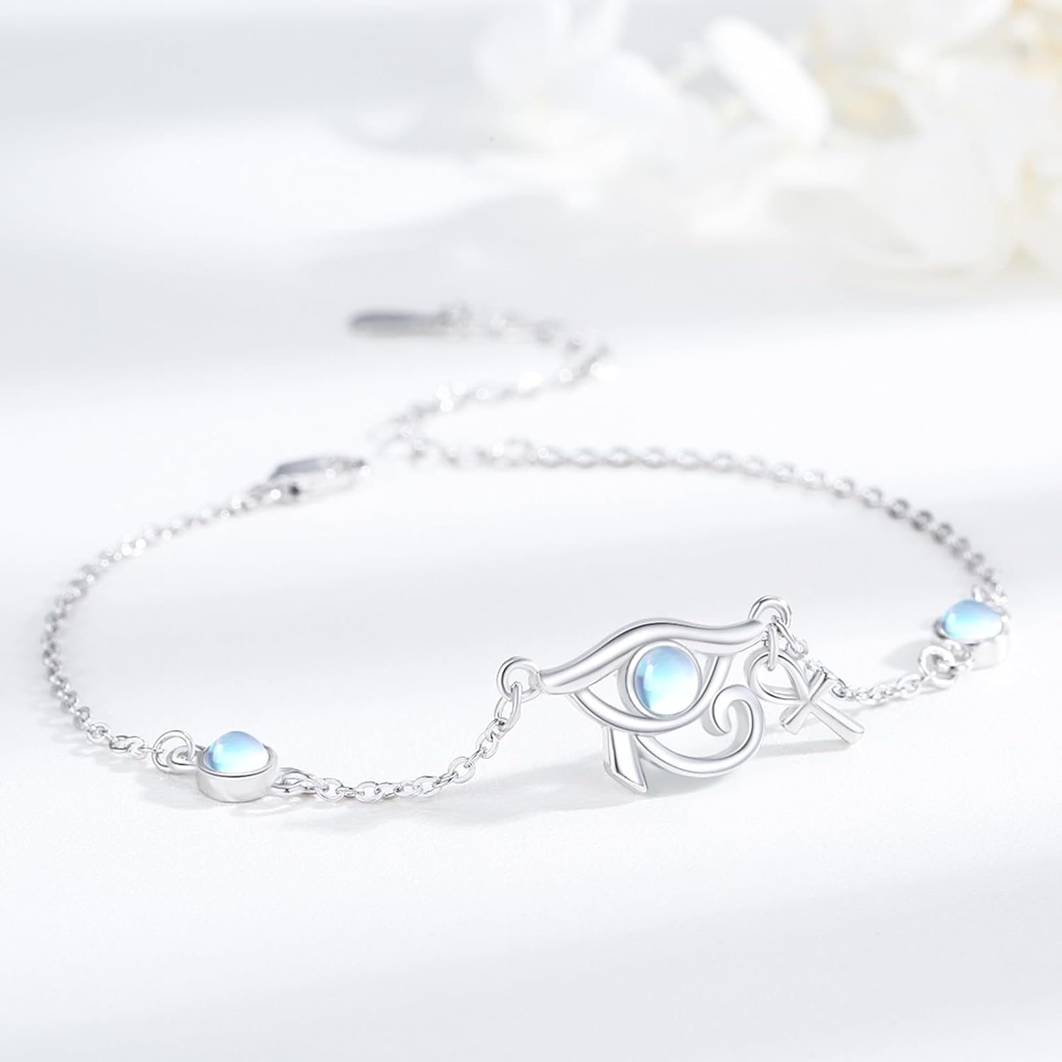 Eye of Horus Bracelet for Women S925 Sterling Silver Moonstone Eye of Horus Bracelet Adjustable Egyptian Jewelry Gifts for Birthday Mother's Day