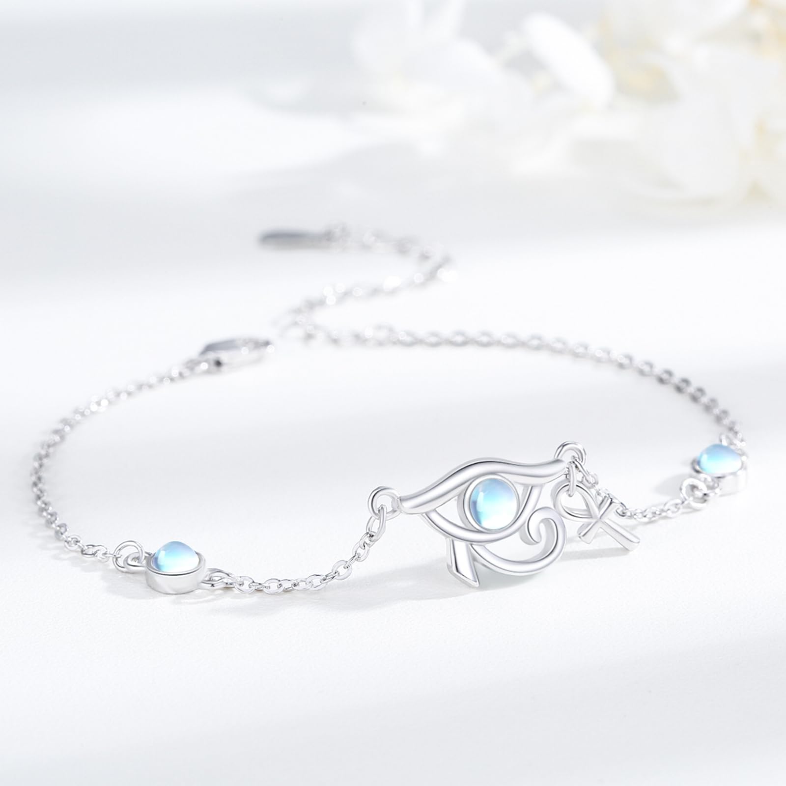 Pulsera de protección de plata de ley 925 ajustable para mujeres con mal de ojo y motivos egipcios – Ankh, ojo de Horus, joyas de ópalo regalo, 7+2 in, Plata de ley, Circonia cúbica