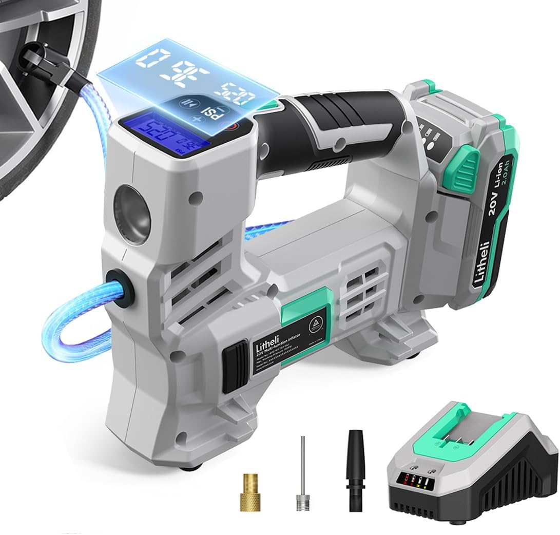Litheli Tire Inflator Air Compressor, 20V Cordless Car Tire Pump with Digital Pressure Gauge 150PSI for Car Tire, Bike, Sport Ball, 2.0 Ah Battery & Charger
