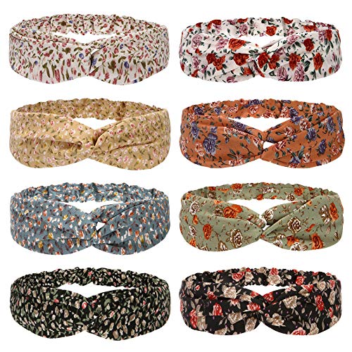 Folora 8pcs Multicolored Twisted Criss Cross Elastic Headbands Soft Chiffon Hair Bands for Women Girls