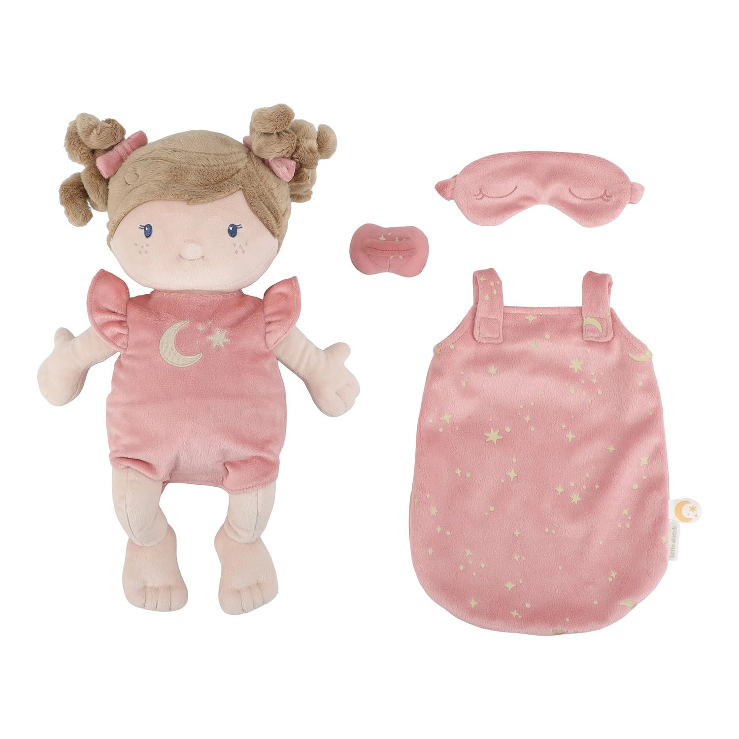 Little Dutch Muñeca de tela rosa – Juego de muñecas – con chupete magnético – Incluye saco de dormir y antifaz para dormir – para niñas a partir de 12 meses