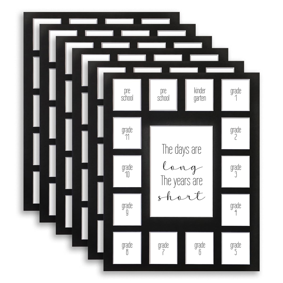 11X14 Bulk 6 School Days Picture Mat with Multiple Openings–Years Photo Collage – Days are Long Picture Mat – No Frame - 2 Pre-School &amp; Kindergarten to 12th Grade (15 Photos, 2PreK-12th, Black)