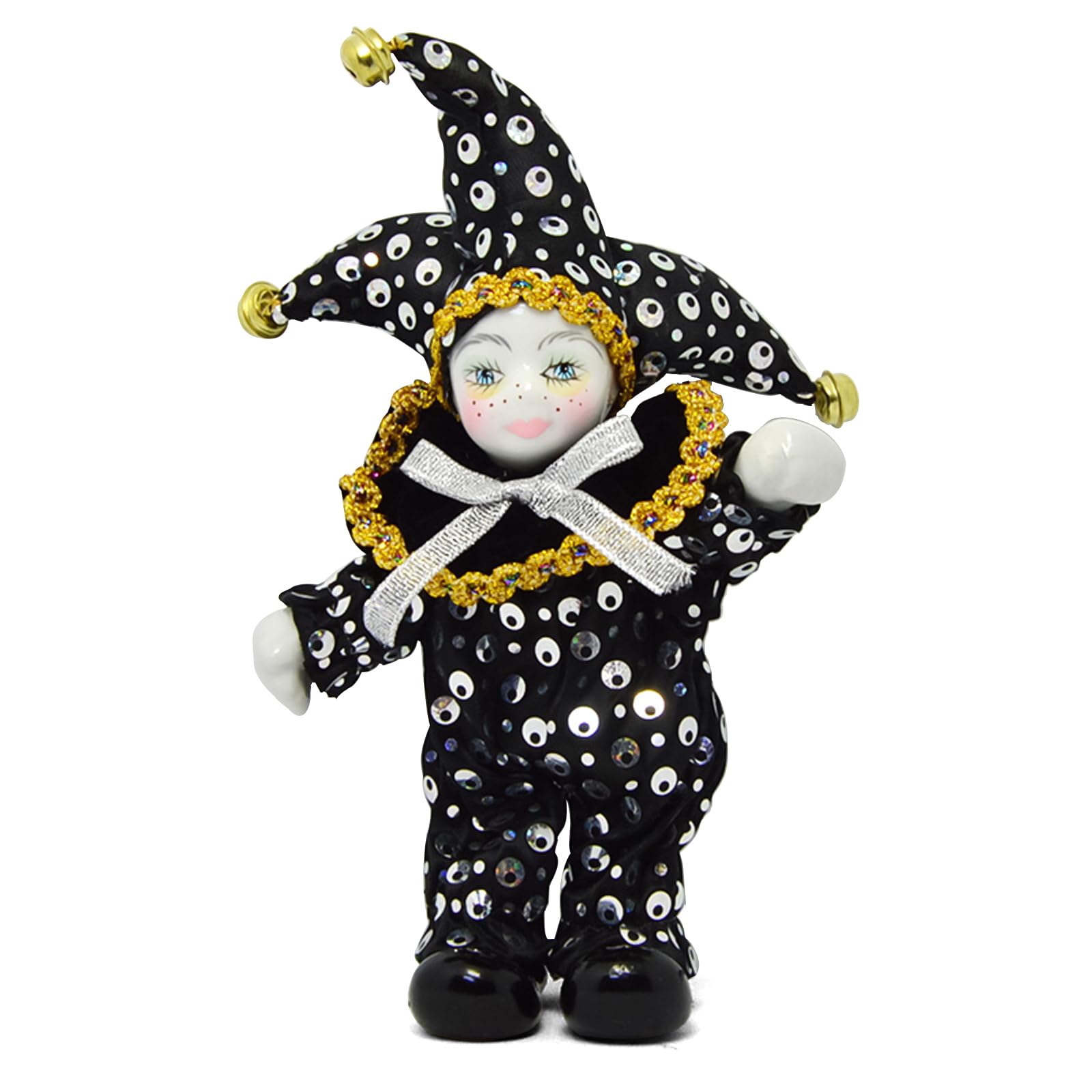 Maxyoung 6 Inch Porcelain Clown Doll with Freckle, Rouge Gothic Doll, Bow Tie Bib Mardi Gras Halloween Clown, Cute and Scary Baby Doll - Indoor Decor Perfect Ornament for Table Desk Home Decoration