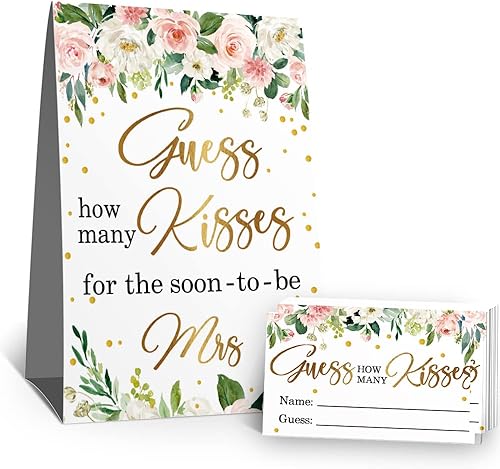 Kisses Guessing - Juego de tarjetas de rifa de despedida de soltera, hojas florales rosas y blancas, kit de tarjetas de juego para despedida de