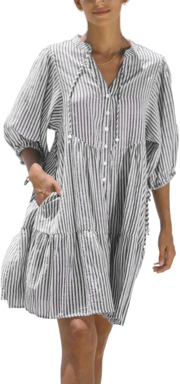 chouyatou Women's Summer V-Neck Casual Striped Midi Shirt Dress Tiered Boho Beach Tunic Babydoll Dress