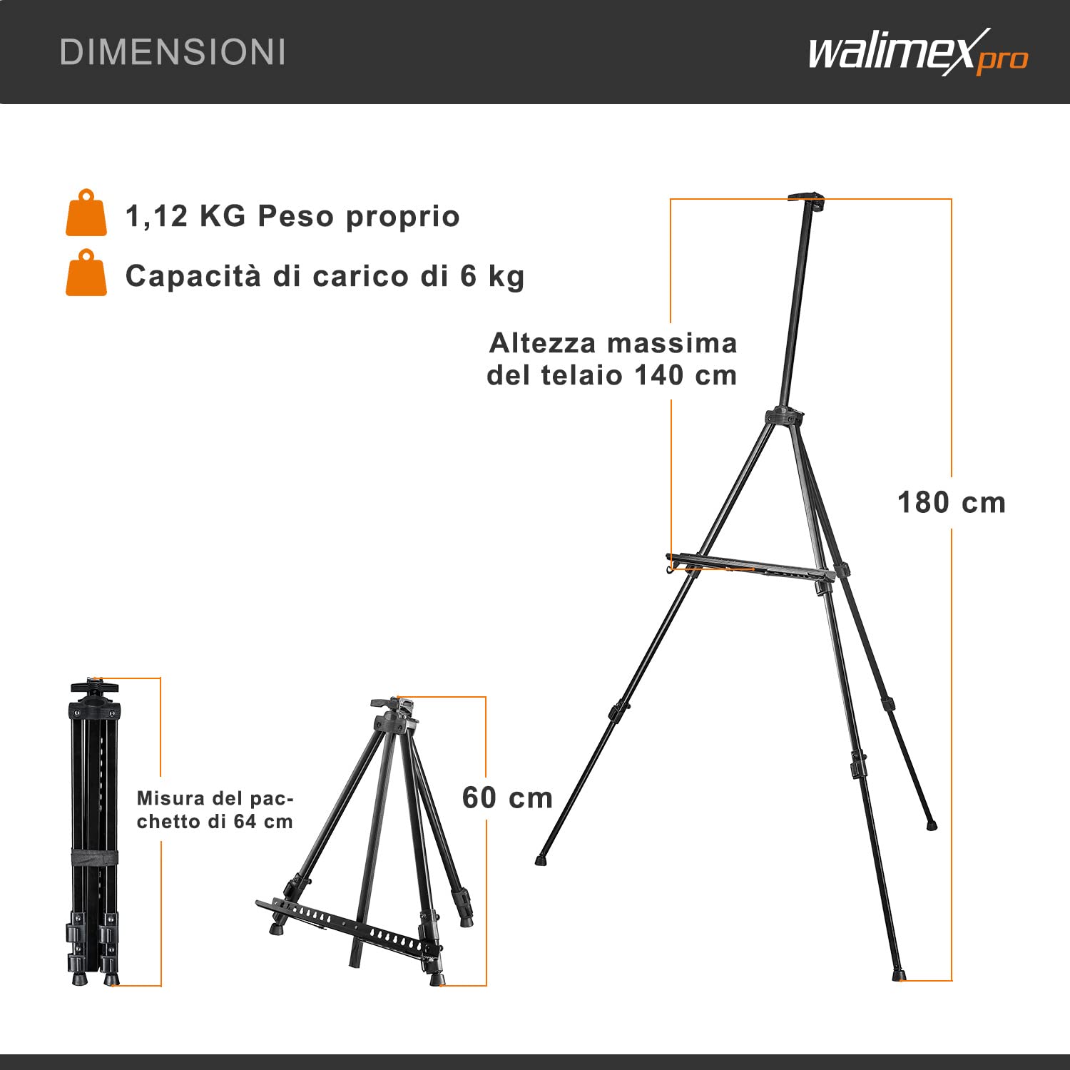 Walimex pro easel XL 60-180cm, alluminio I ideale come cavalletto da studio, da tavolo e da campo I per tele fino a HxD: 140x4cm, fino a 6kg I vassoio e supporto per colori e pennelli, con borsa