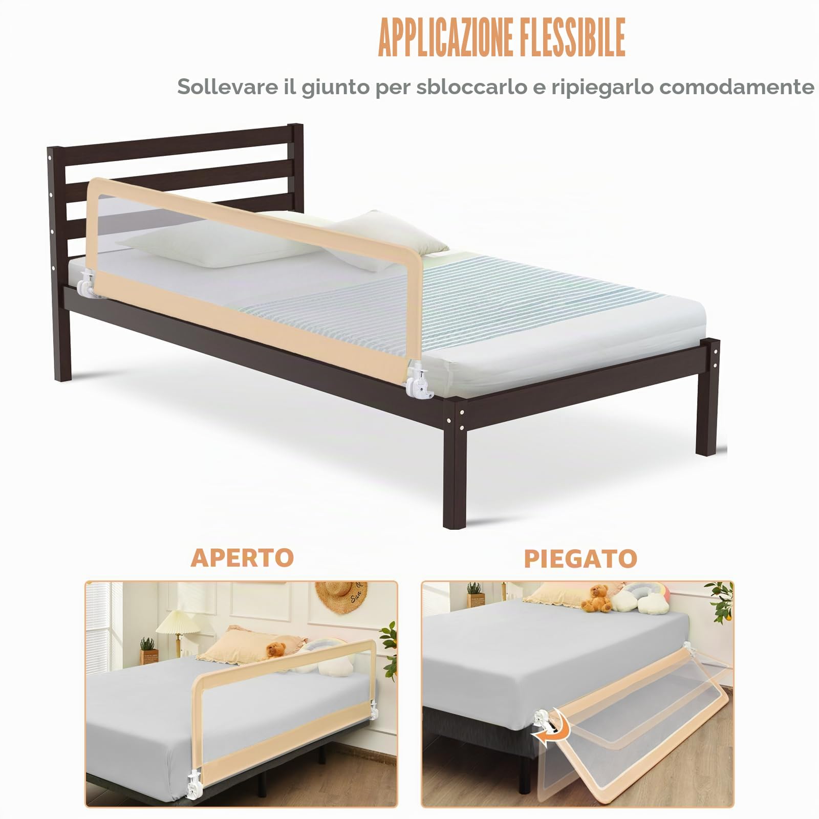 LIFEZEAL Sponda per Lettino Pieghevole 180x56 cm, Sponda di Sicurezza per Bambini con Cinghie, Sponda Letto Rimovibile e Portatile, Morbido Tessuto a Rete Traspirante e Telaio in Acciaio (Beige)