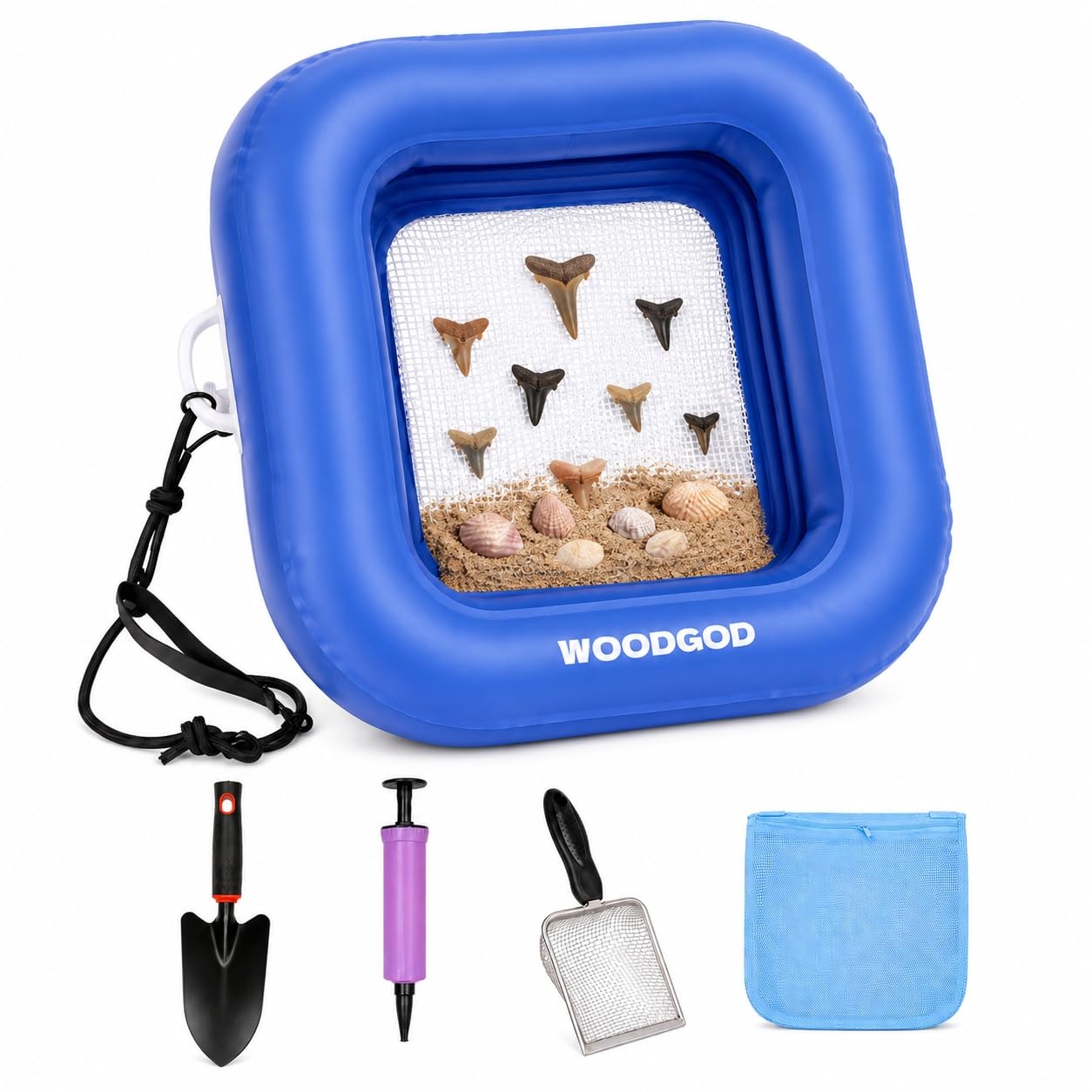 Juego de tamiz de dientes de tiburón extra grande, incluye pala negra, bolsa de playa, pala de malla de playa, malla de tamizado doble, tamiz de arena para dientes de tiburón y caza de fósiles