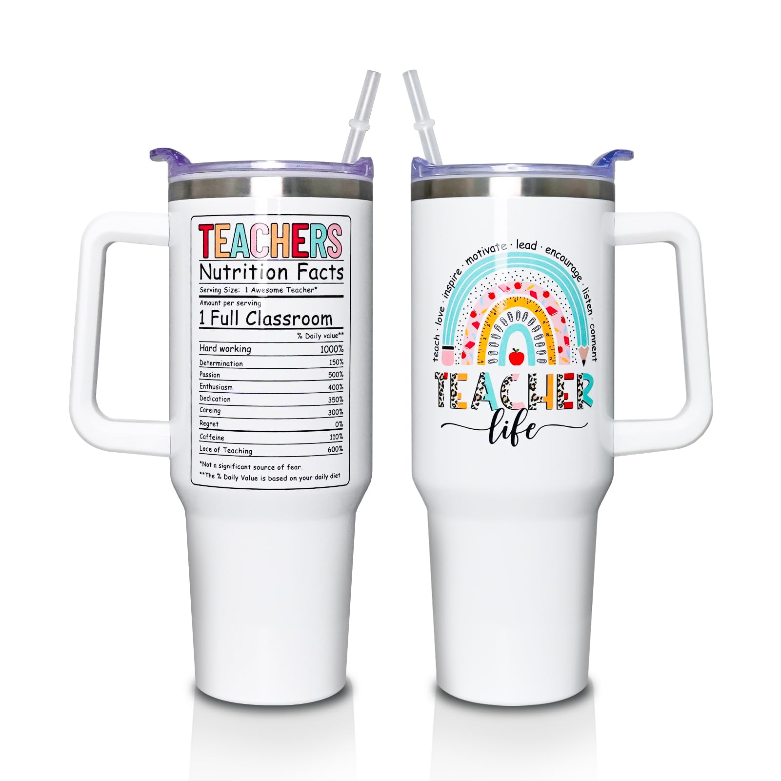 Teacher Appreciation Gifts for Women Men, 40 Oz Tumbler with Handle and Straw, Durable Insulated Stainless Steel Leak-proof Travel Cup, Thank You Teacher Gifts Life Birthday, Back To School Present